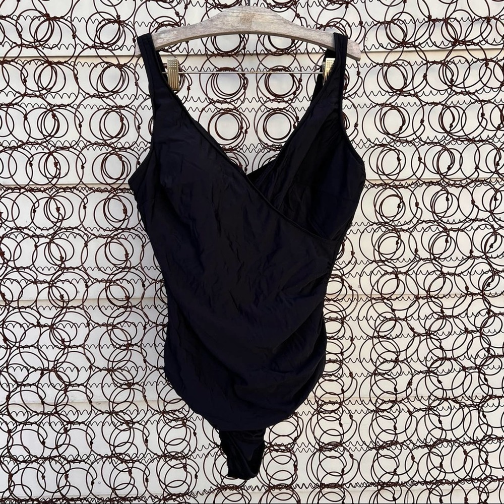 Miraclesuit black wrap front one piece swimsuit